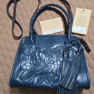Patricia Nash Caribbean Blue Rose Tooled Leather Satchel Handbag NWOT